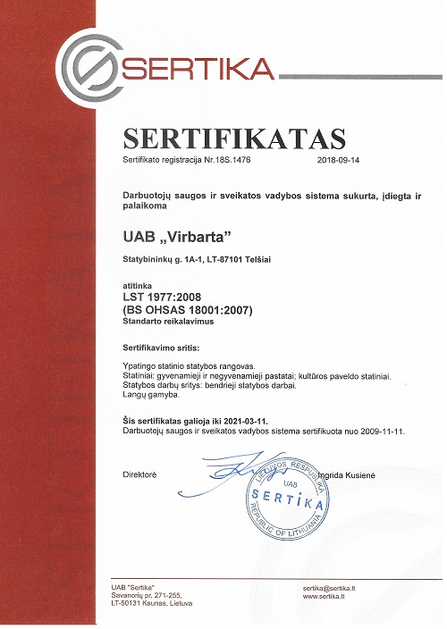 Virbarta darbų saugos sertifikatas 2018