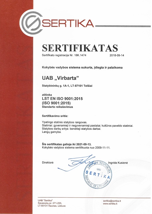 Virbarta kokybės sistemos sertifikatas 2018